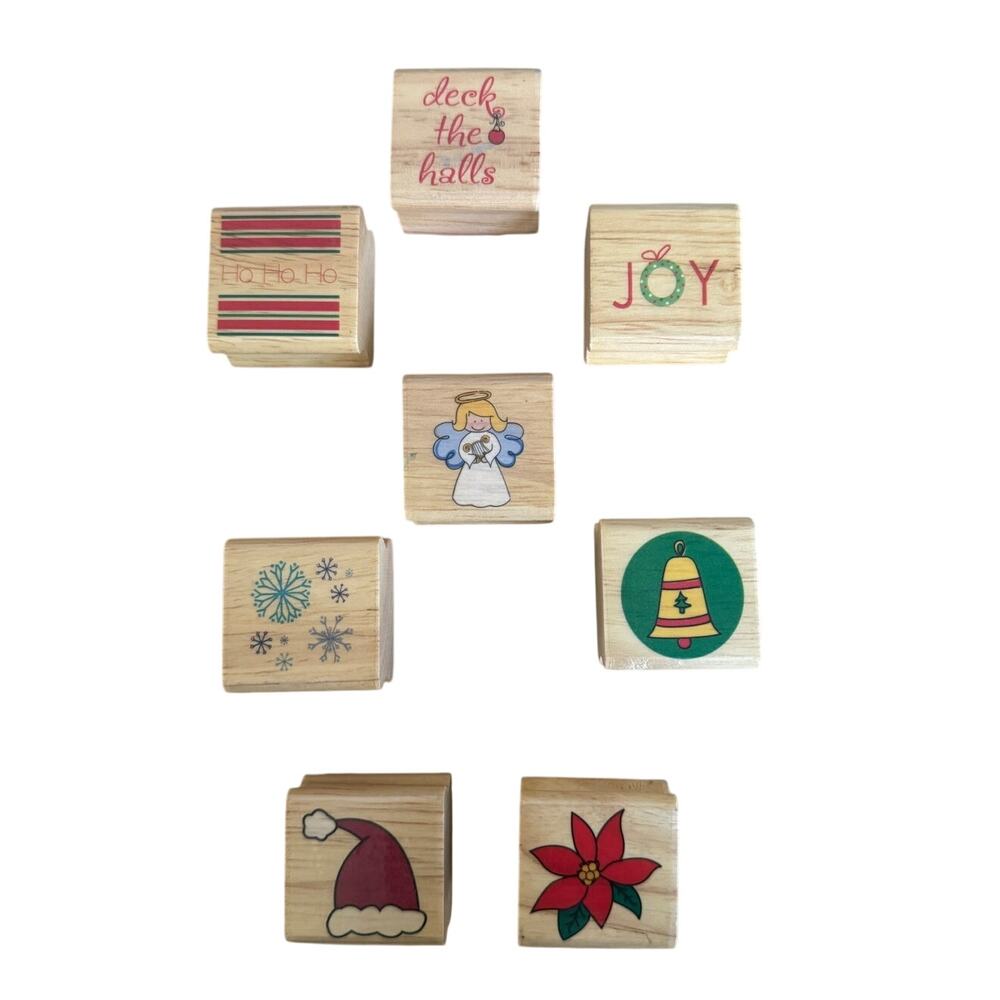 Set‎ of 8 Wood Rubber Stamps Christmas Holiday Arts Crafts Joy Angel HoHoHo